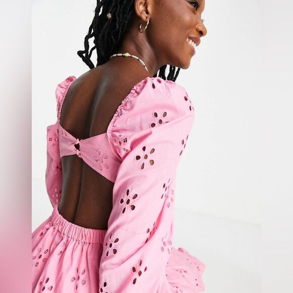 ASOS DESIGN Long Sleeve Broderie Tiered Eyelet Mini Skater Dress Women’s 14 - Picture 5 of 13